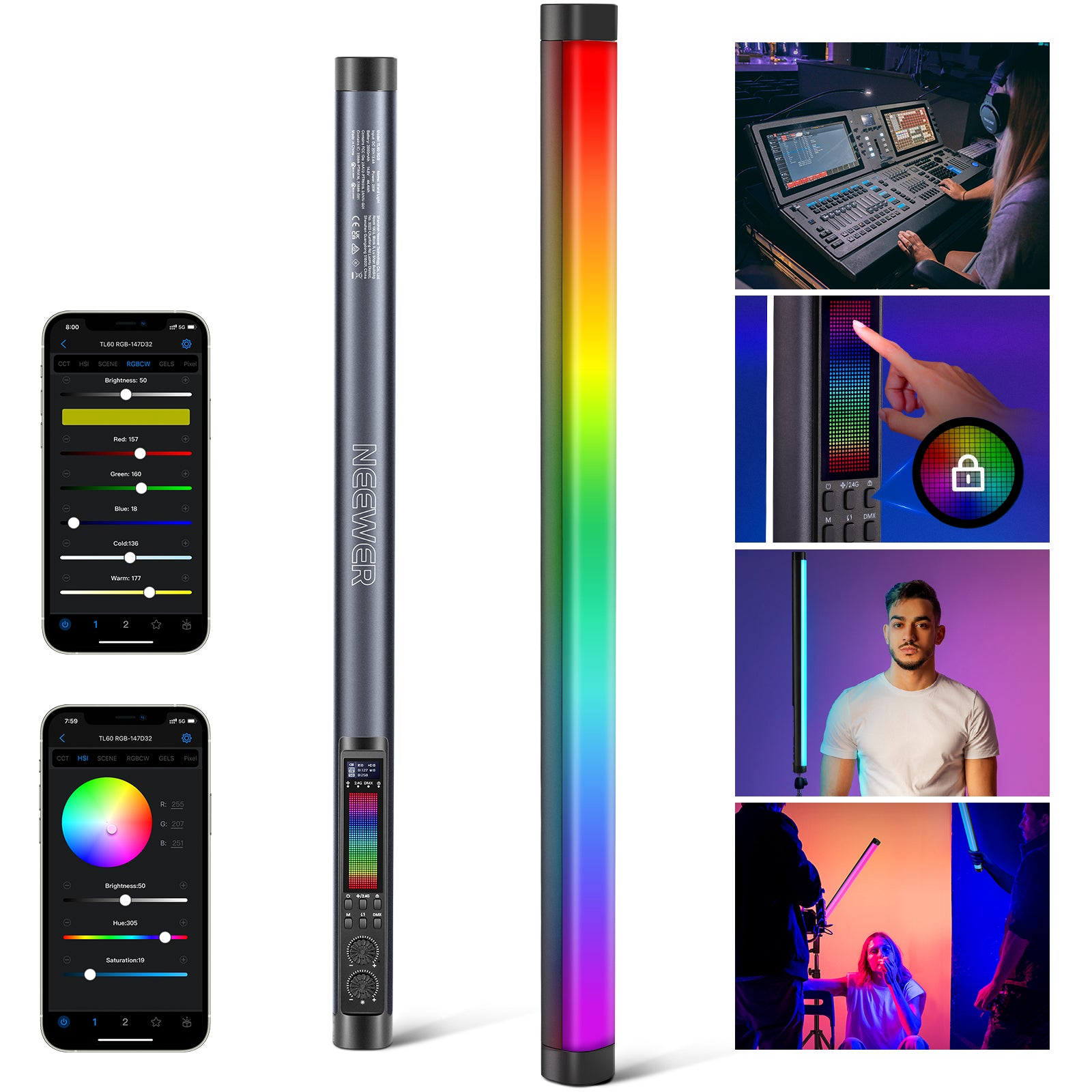 תאורת צינור NEEWER TL60 20W RGB עם שליטה באמצעות אפליקציה / 2.4G / DMX תאורת צינור NEEWER TL60 20W RGB עם שליטה באמצעות אפליקציה / 2.4G / DMX