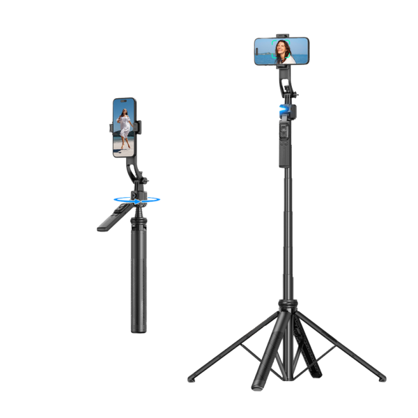 חצובה רב-תכליתית בגובה 1.8 מטר, משלבת מייצב Gimbal מובנה וטכנולוגיית בינה מלאכותית למעקב אוטומטי אחר פנים ותנועה. אידיאלית ליוצרי תוכן, ולוגרים וסטרימרים המחפשים פתרון חכם לצילום עצמי איכותי ויציב.